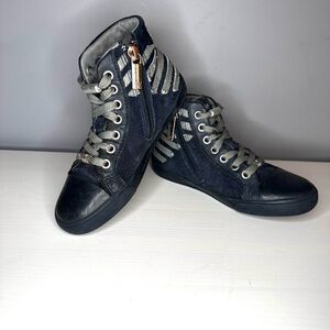 Armani Junior Toddler High Tops Size 11.5 Navy & Grey - side zip EUC